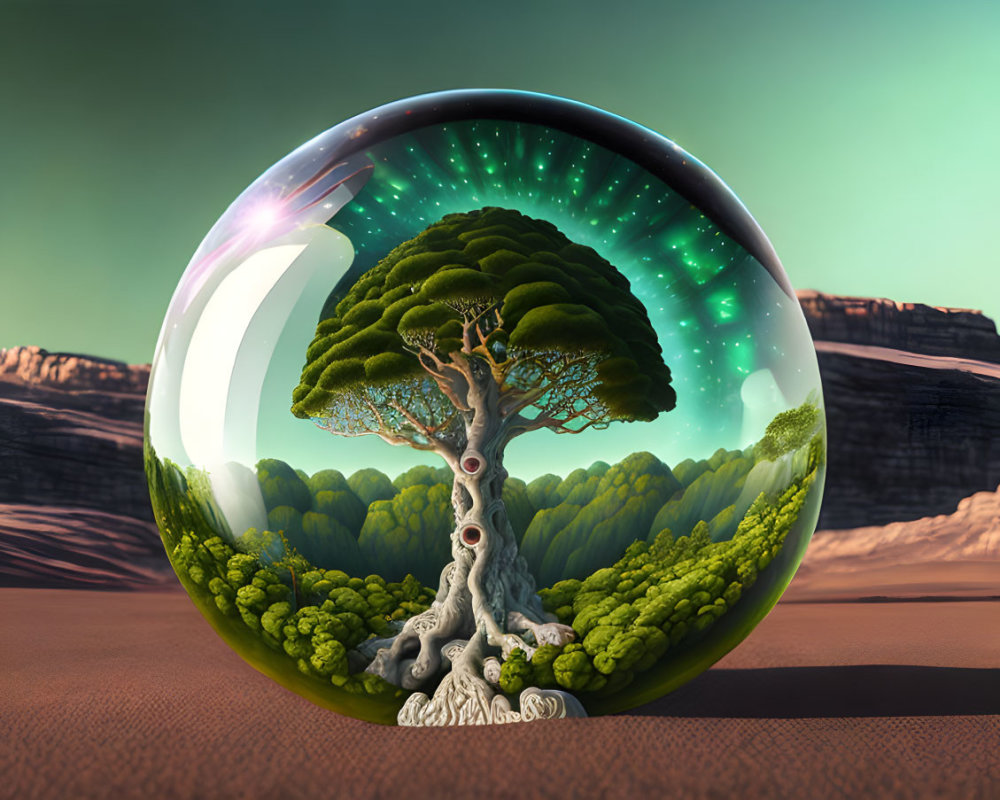 Vibrant tree in crystal sphere against desert cliffs under clear sky