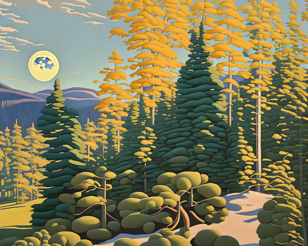 Forest Scene: Golden Trees, Full Moon, Winding Path