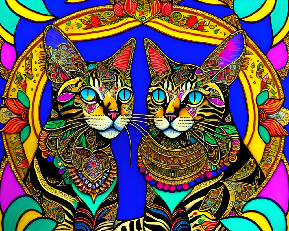 Symmetrical cats illustration with vibrant colors and intricate patterns