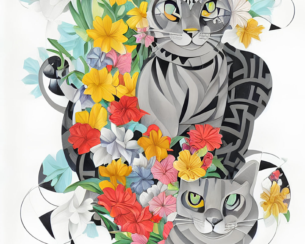 Stylized cats with striking patterns among colorful flowers on white background