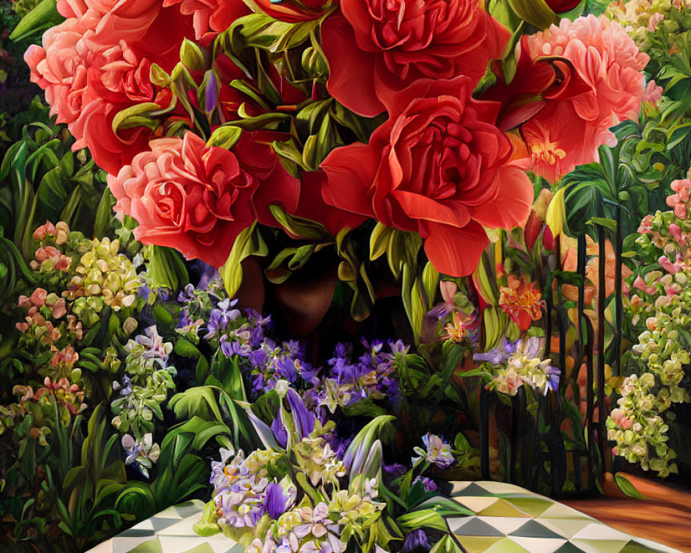 Colorful painting of oversized flowers in a vase against garden backdrop