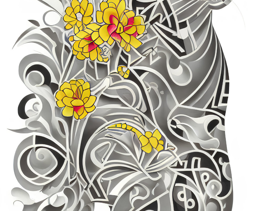 Stylized cat illustration with silver swirls and yellow flowers
