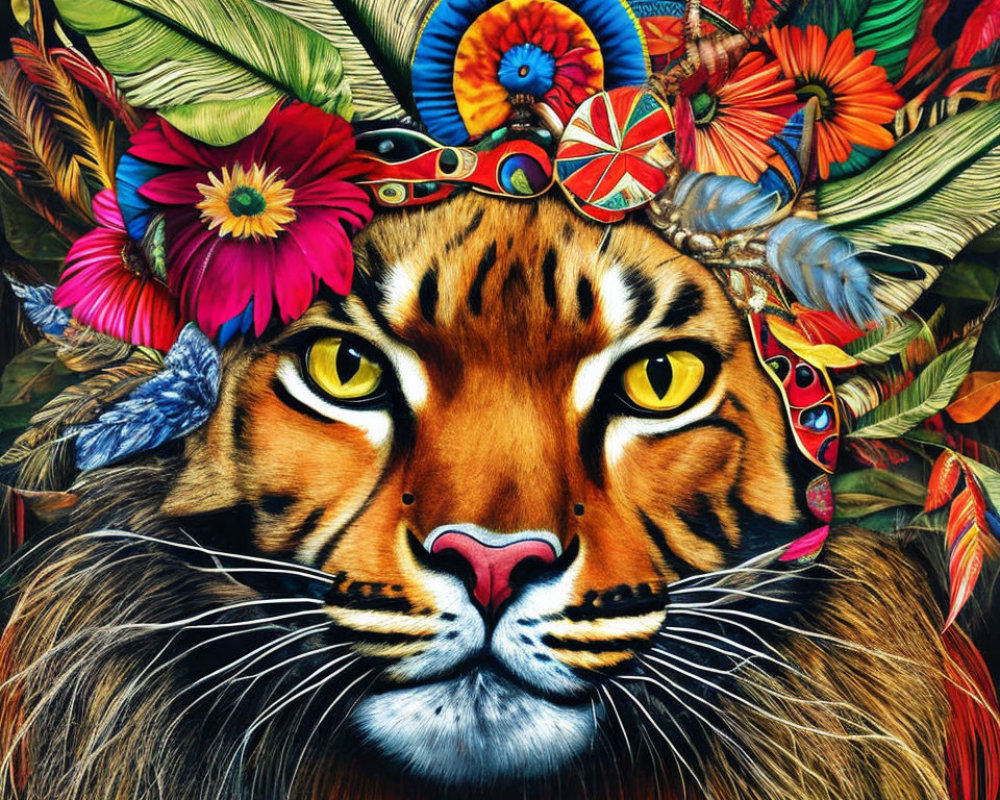 Vibrant Tiger Head Artwork with Feathers and Flowers