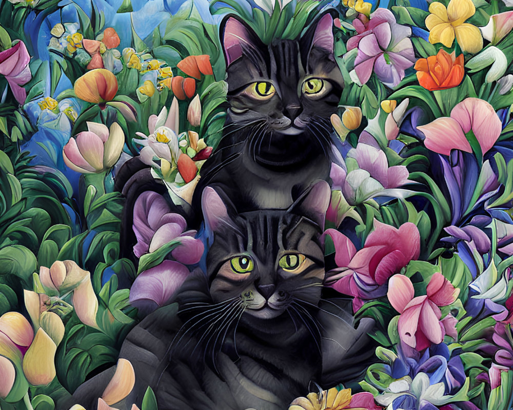 Two Black Cats Surrounded by Colorful Flowers and Green Foliage