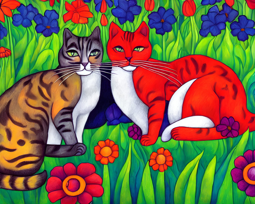 Stylized gray and red cats cuddle in vibrant floral setting