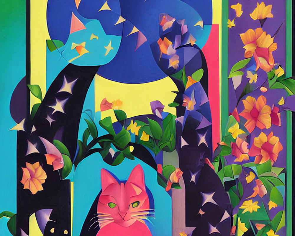 Colorful Cartoon Cat Artwork with Whimsical Nature Elements