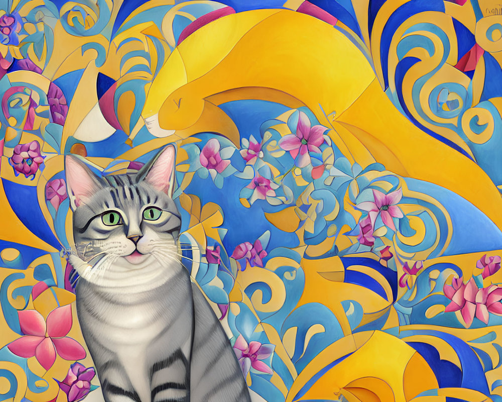 Striped cat with green eyes in swirling yellow and blue background.