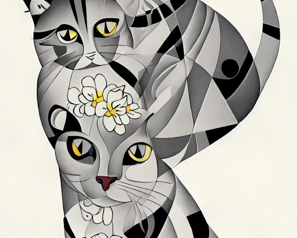 Stylized cats intertwined with geometric patterns and flowers, mismatched eyes