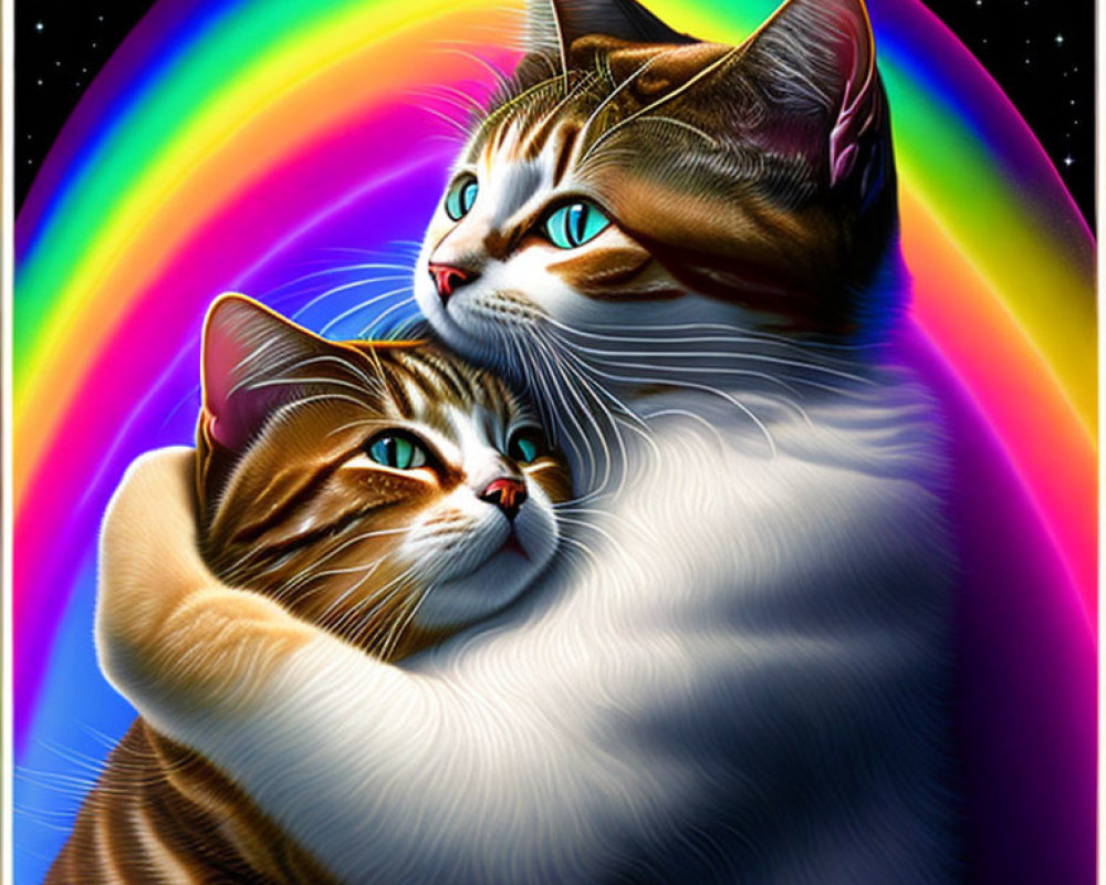 Stylized cats embrace under cosmic rainbow.
