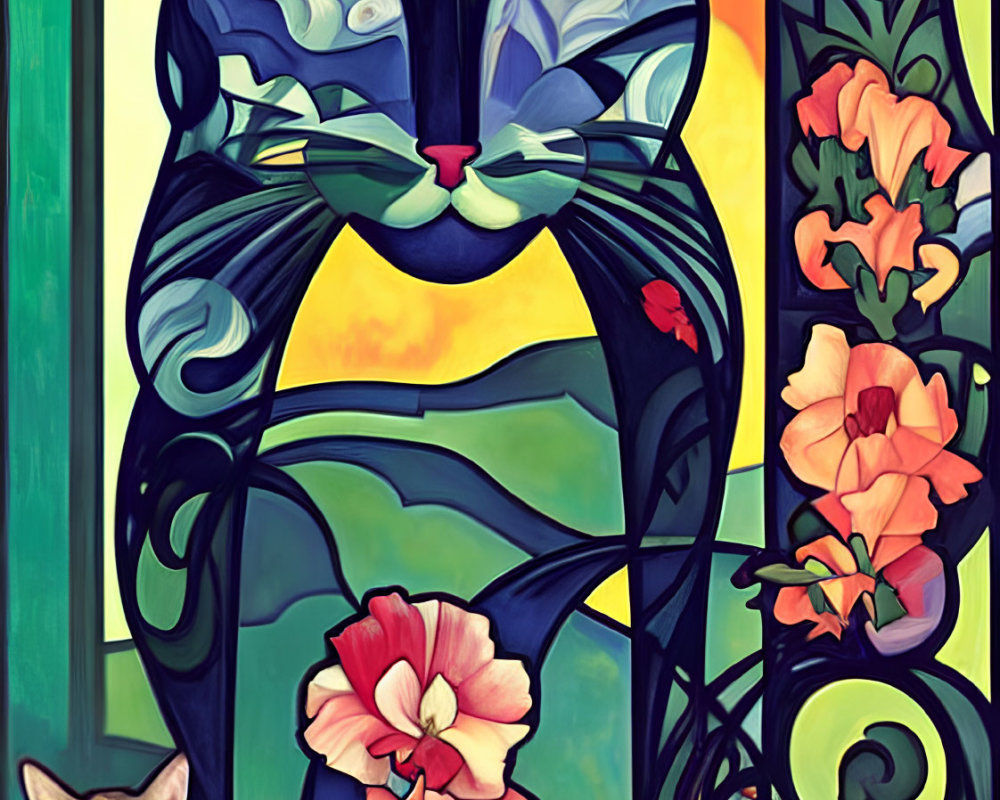 Art nouveau style painting of two cats in floral motif