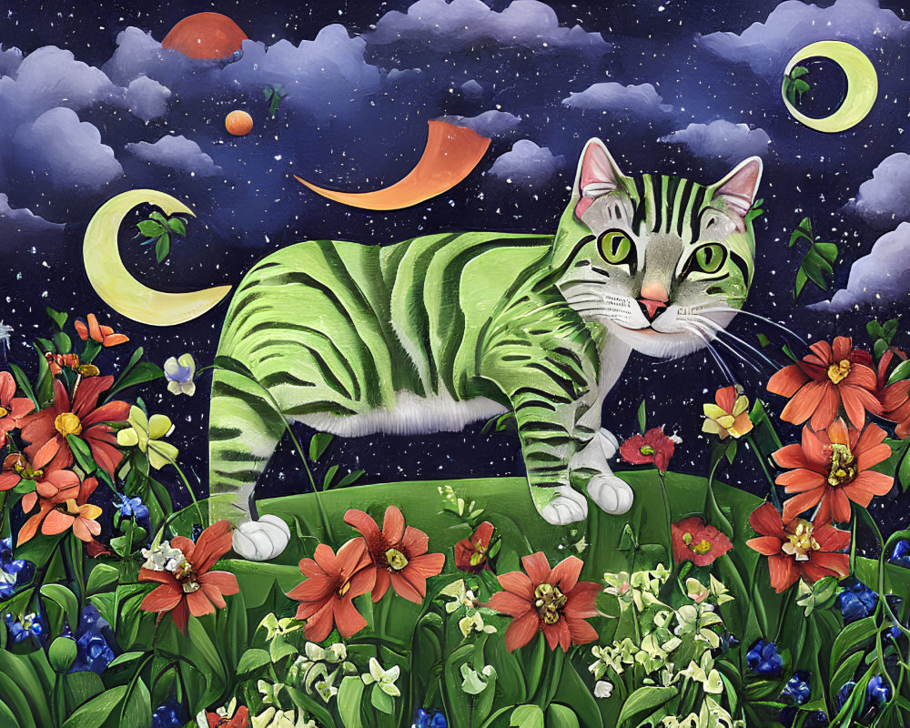 Colorful Illustration: Green-Striped Cat Surrounded by Flowers and Cosmic Elements