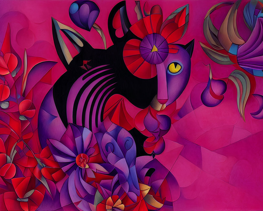 Abstract Stylized Cat with Colorful Floral Patterns on Red Background