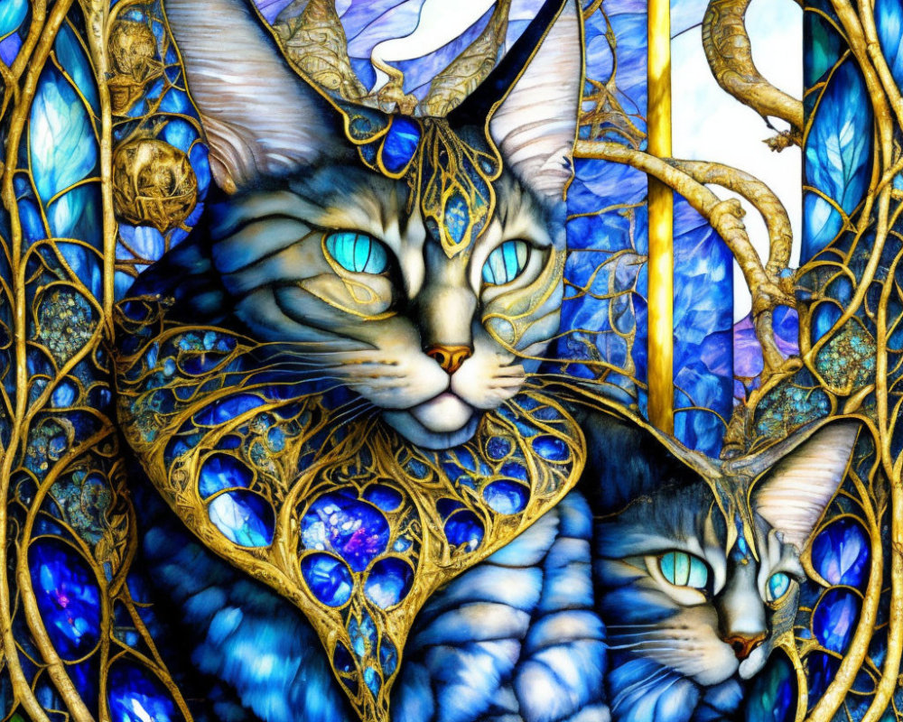 Stylized cat illustration with intricate patterns and vibrant blue tones against Art Nouveau backdrop
