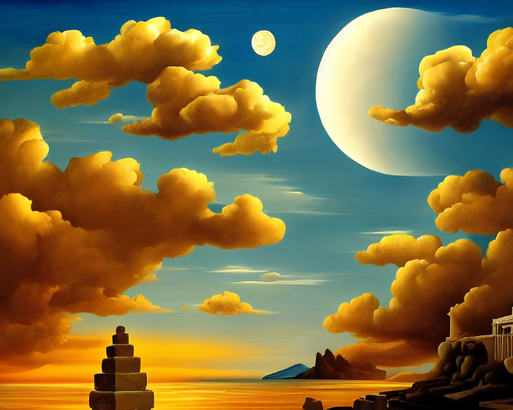 Surreal landscape with golden clouds, moon, ruins, rocks, sea, and sunset sky