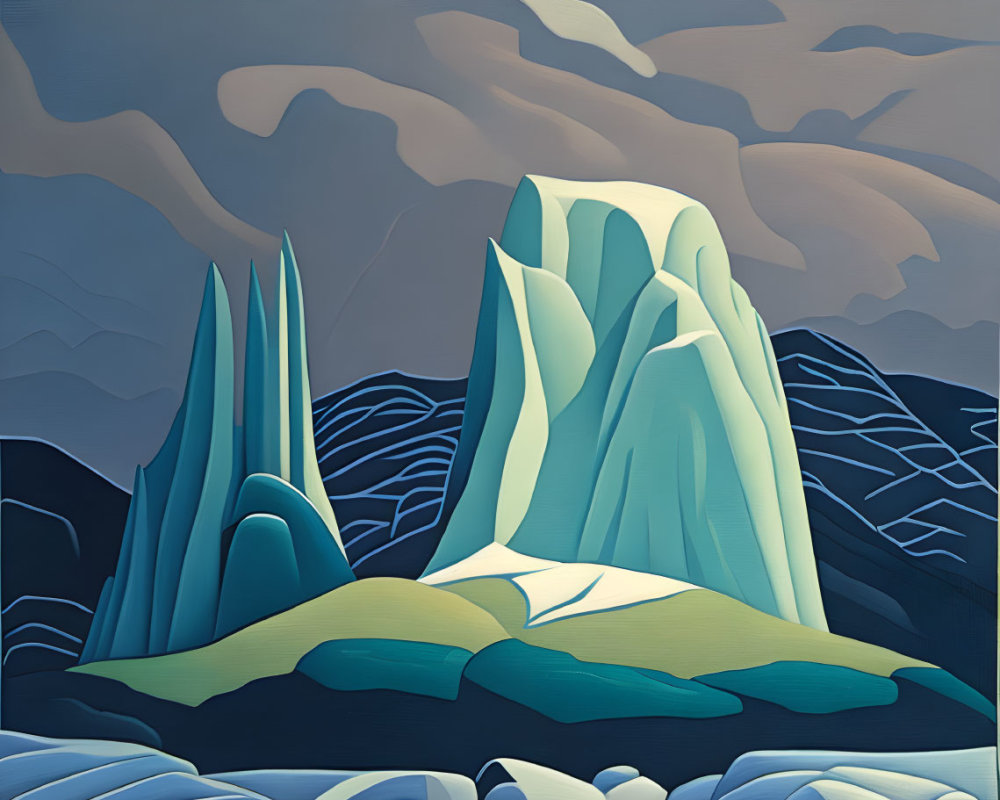 Icy Blue Glaciers Painting with Dark Blue Hills