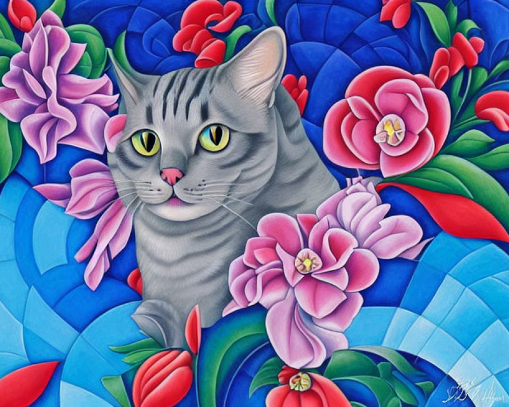 Grey Cat Surrounded by Pink and Purple Flowers on Blue Mosaic Background