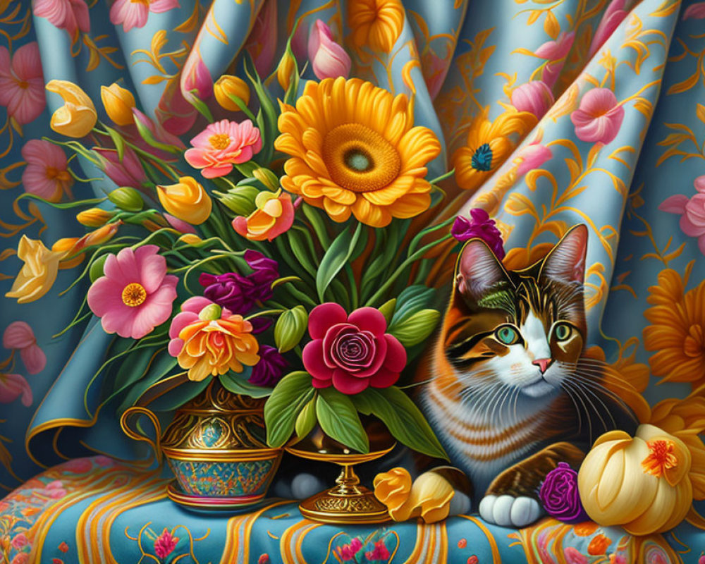Vibrant cat illustration with flowers and patterned drapery