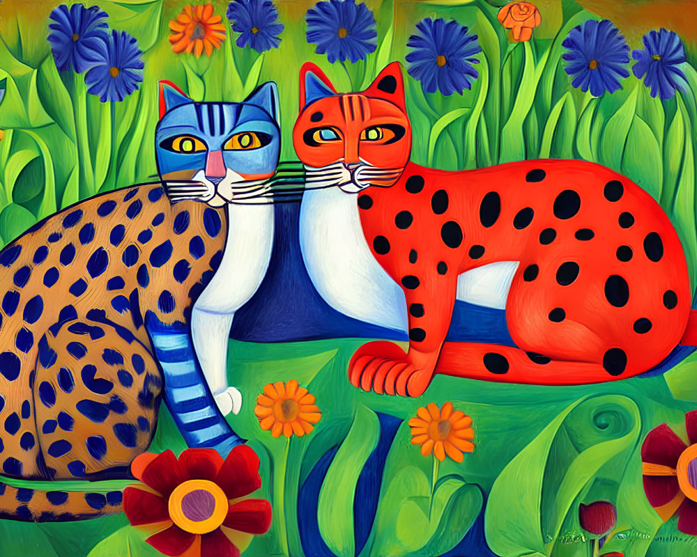 Stylized spotted and striped cats in colorful garden with vibrant flowers