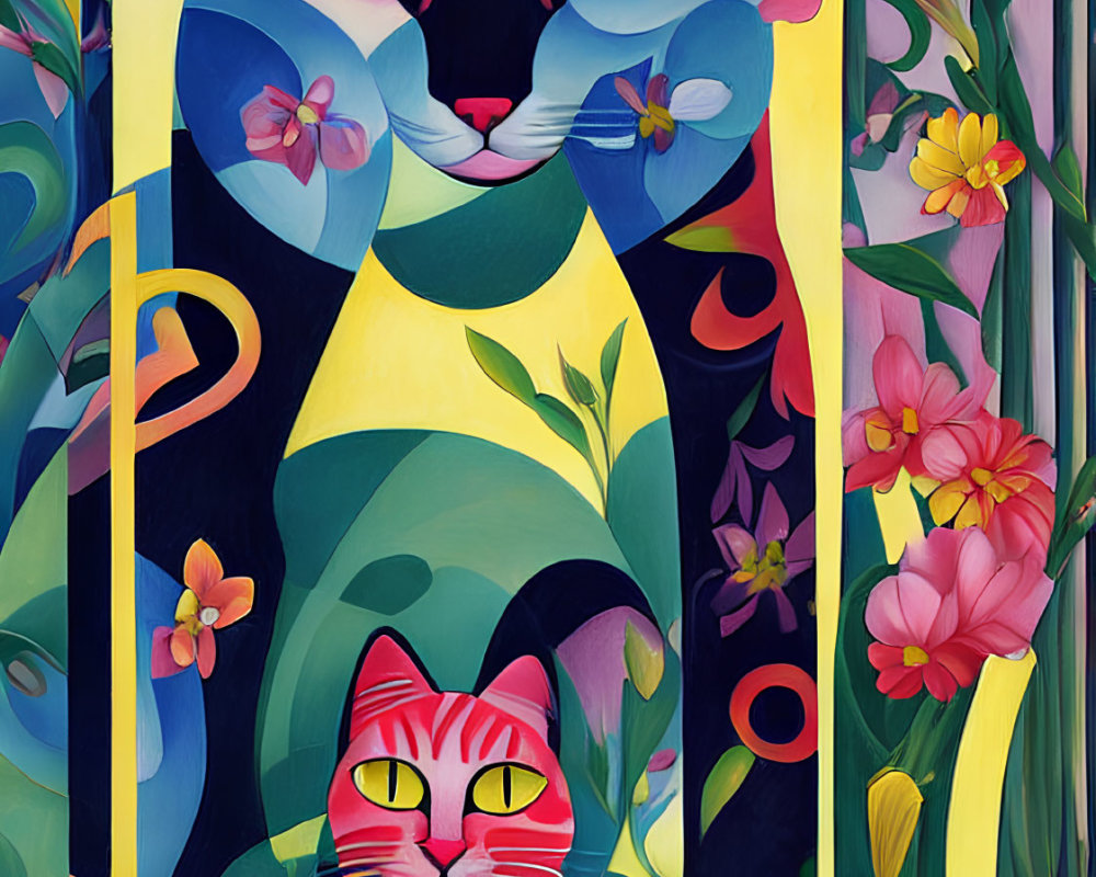 Colorful stylized painting featuring two cats with floral backdrop and abstract shapes