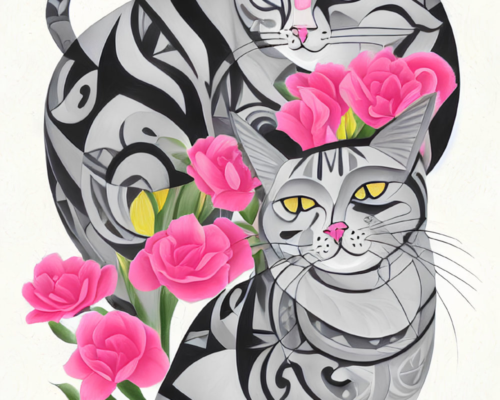 Stylized cats with swirling patterns and pink noses among vibrant pink flowers