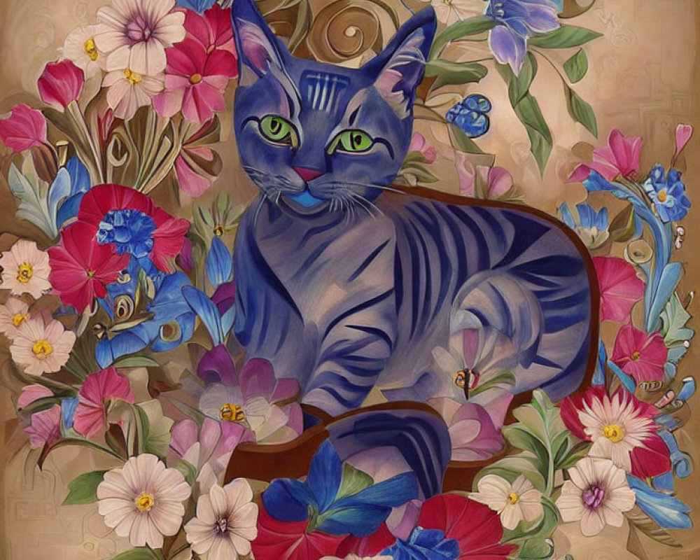 Stylized blue-striped cat with green eyes in floral setting