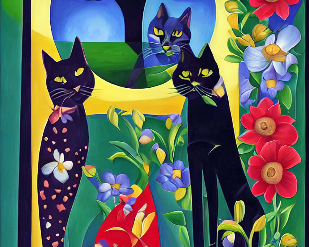 Vibrant Illustration of Three Cats in Floral Setting