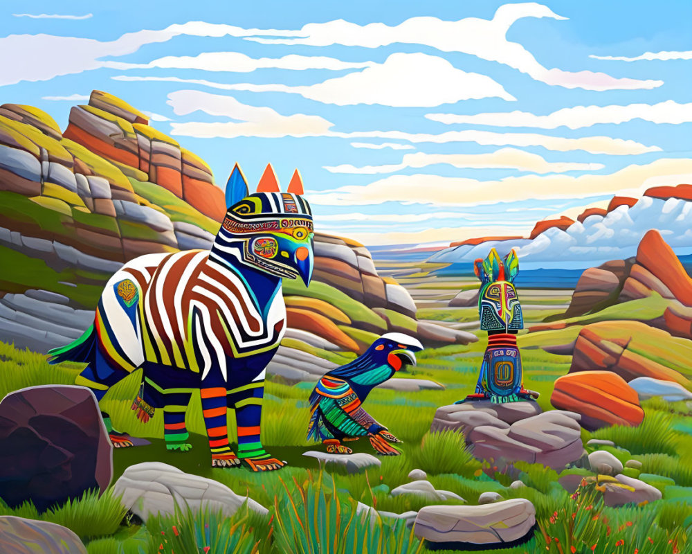 Vibrant painting of zebra and bird in colorful landscape
