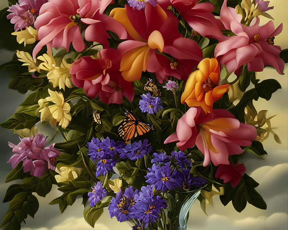 Colorful bouquet with pink, yellow, and blue flowers in glass vase with orange butterflies on cloudy sky