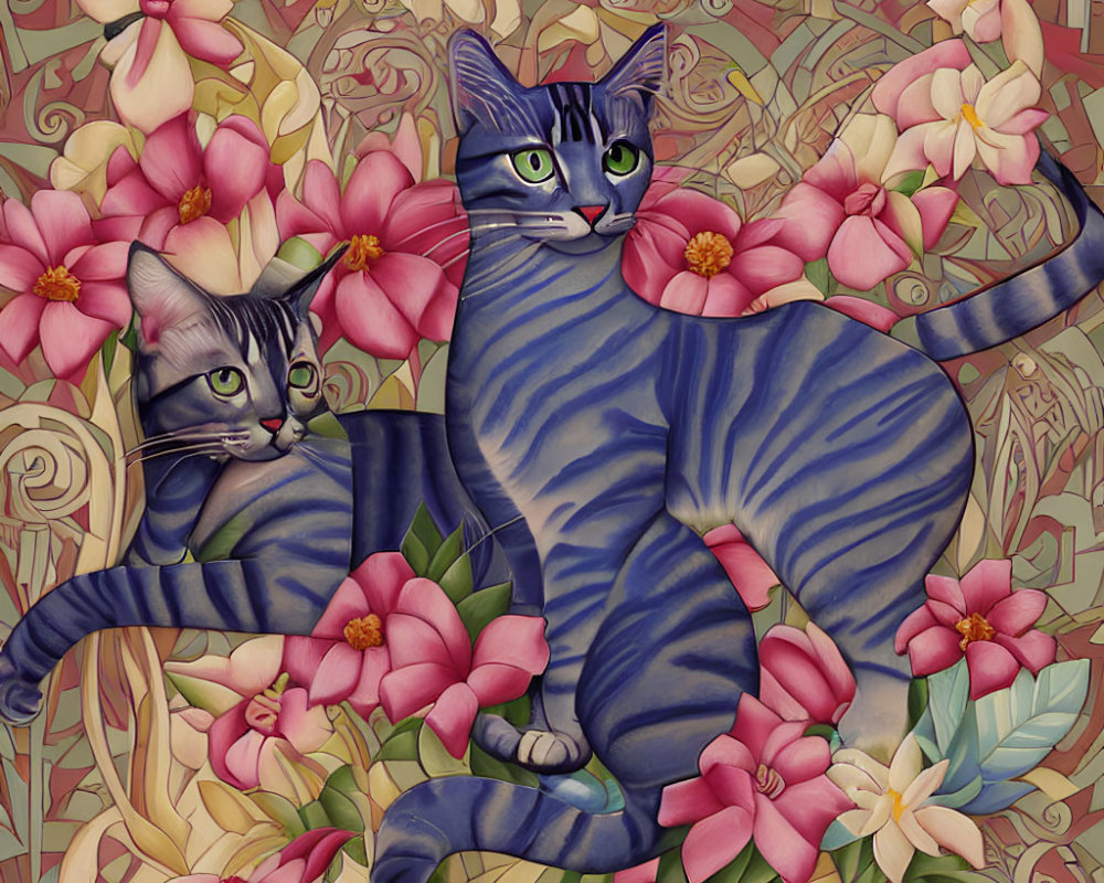 Stylized blue-striped cats in pink floral setting with ornate background