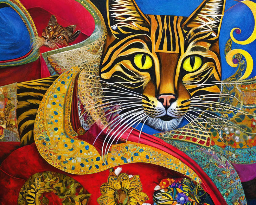 Colorful Stylized Cat Painting with Abstract Elements