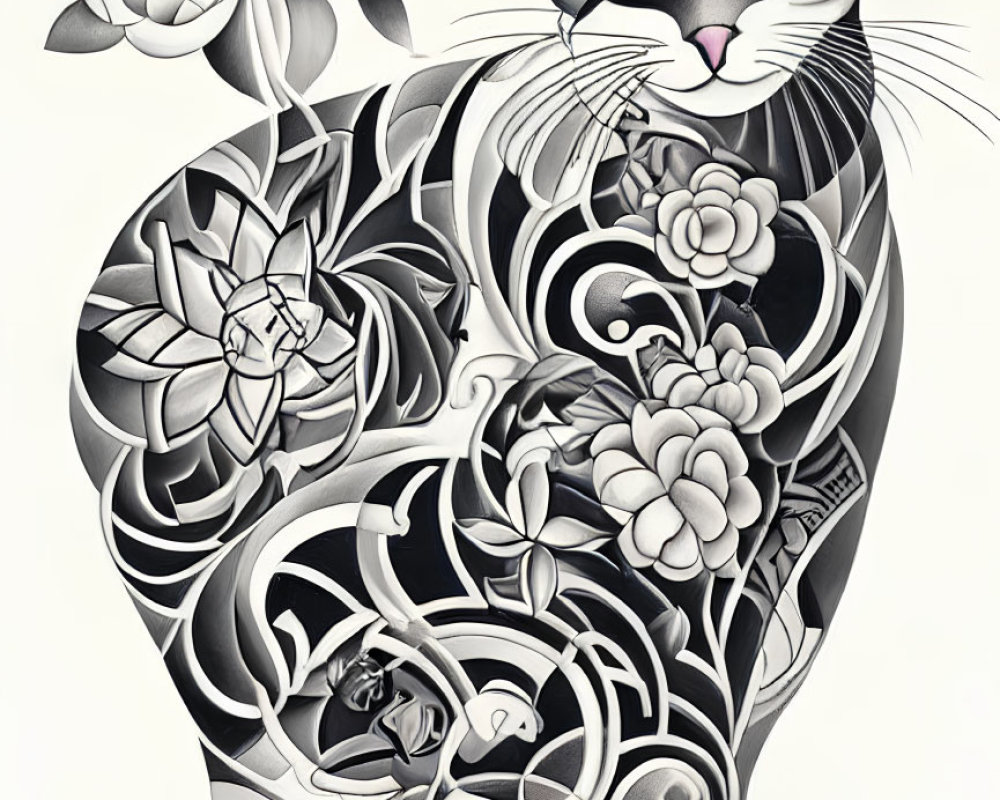 Detailed Monochrome Cat Illustration with Floral Patterns