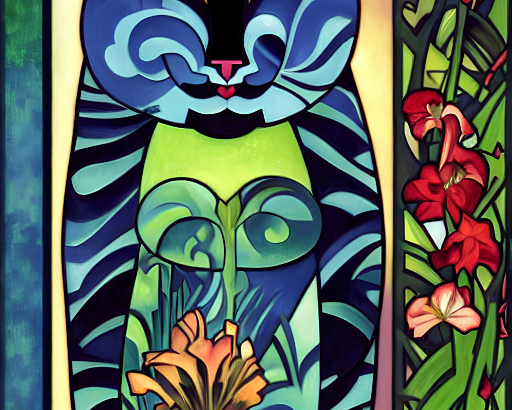 Colorful Cat and Floral Vase Artwork with Geometric Patterns