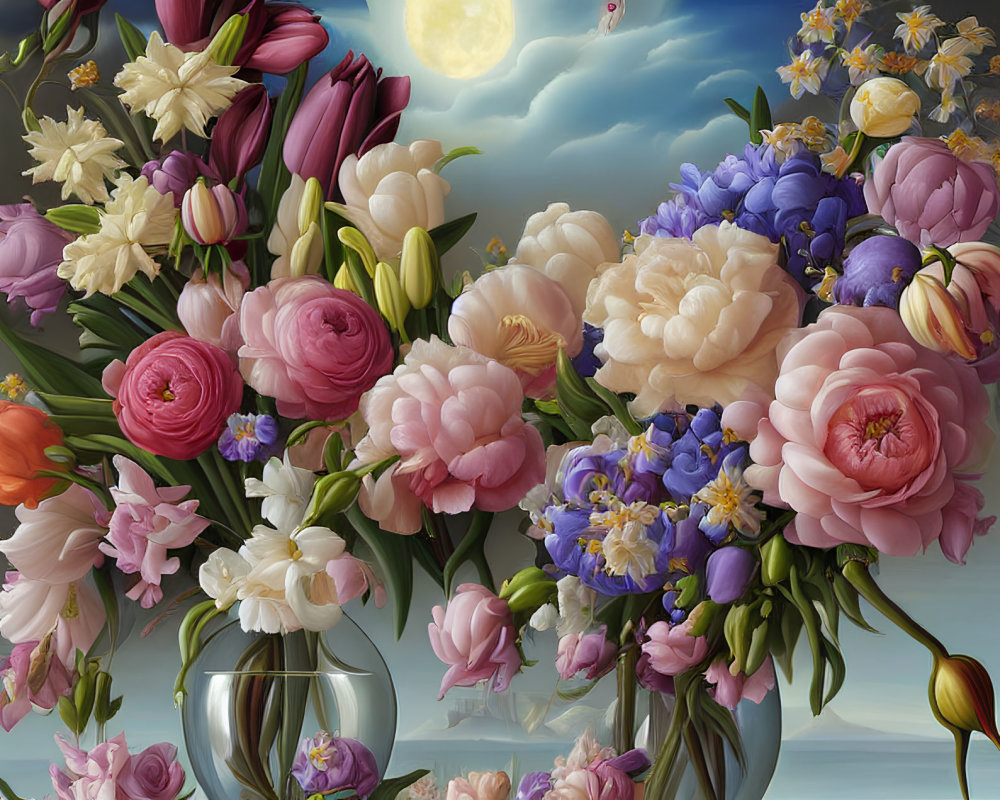 Assorted Blooming Flowers in Glass Vases with Sky and Moon