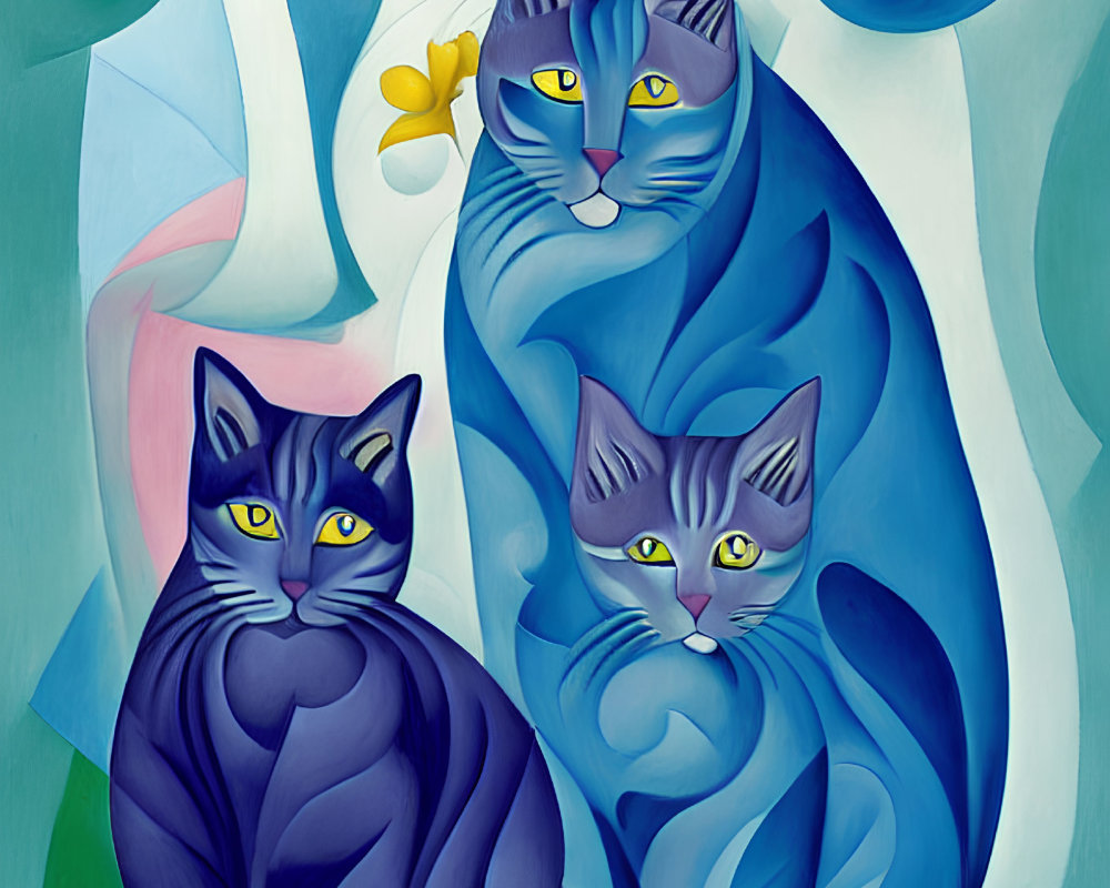 Abstract Blue and Green Cats with Floral Elements