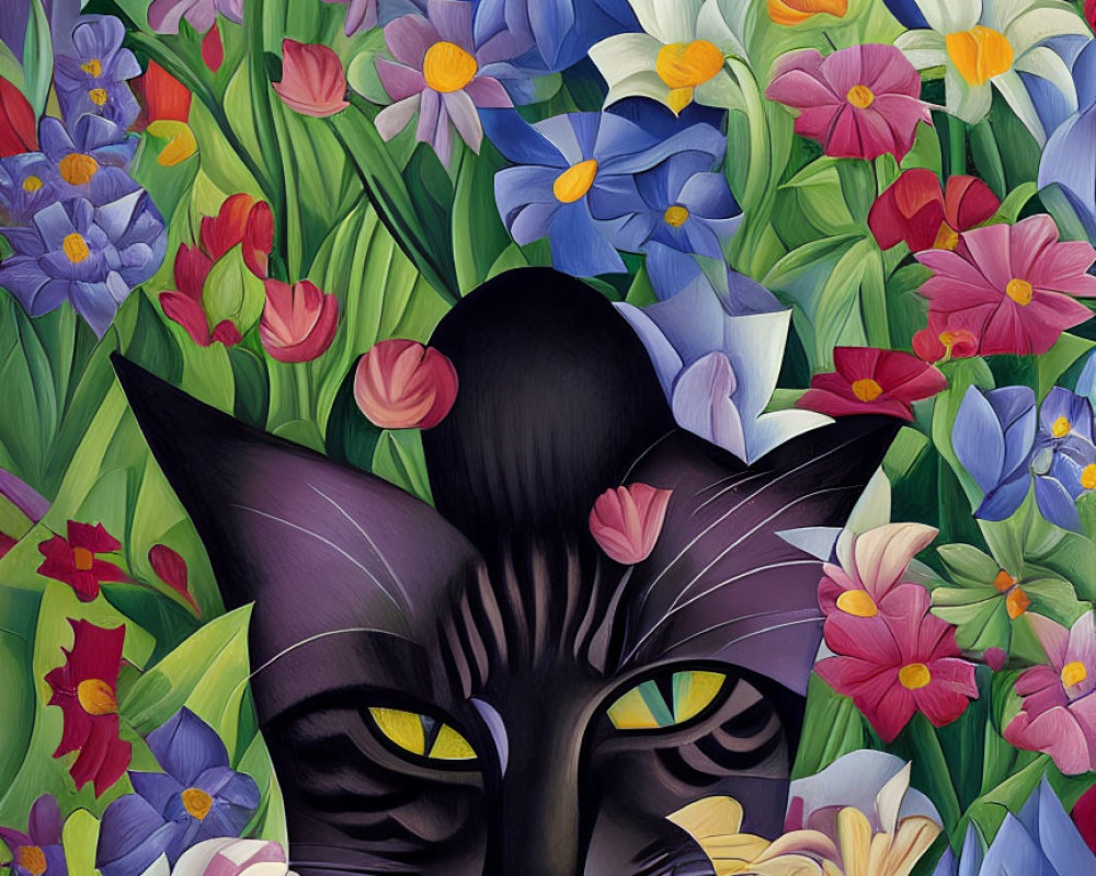 Colorful Floral Background with Black and White Cat and Yellow Eyes