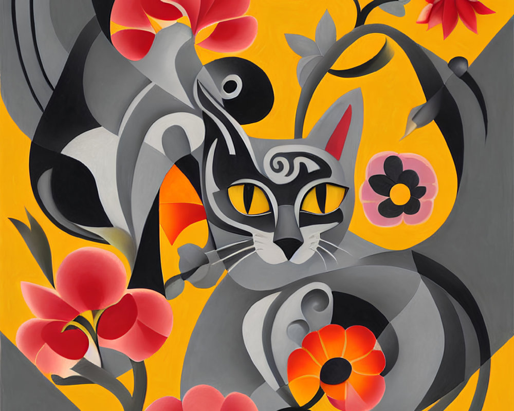 Stylized black and white cat with red flowers on yellow background