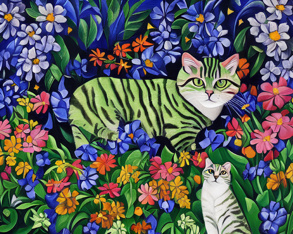 Colorful Artwork: Camouflaged Cats in Floral Pattern