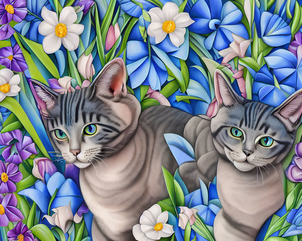 Illustrated grey tabby cats with green eyes in blue and white floral setting