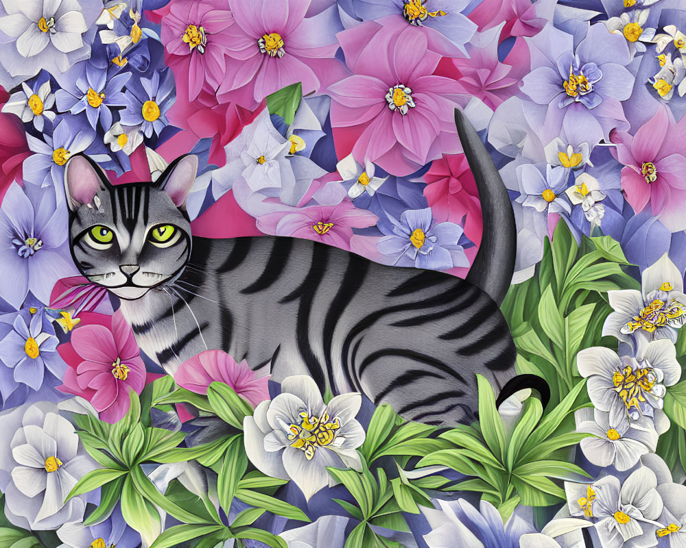 Striped cat surrounded by pink, blue, and white flowers with green foliage