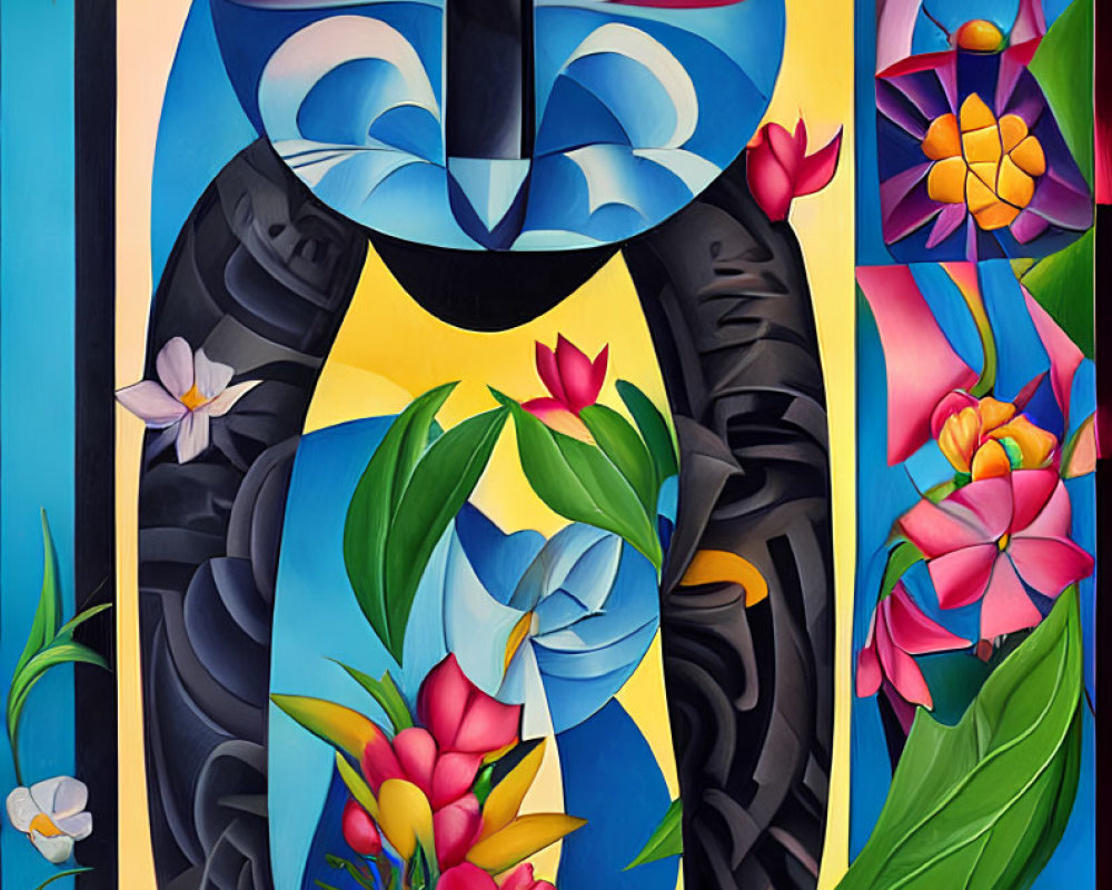Abstract cat surrounded by vibrant tropical flowers in bold colors