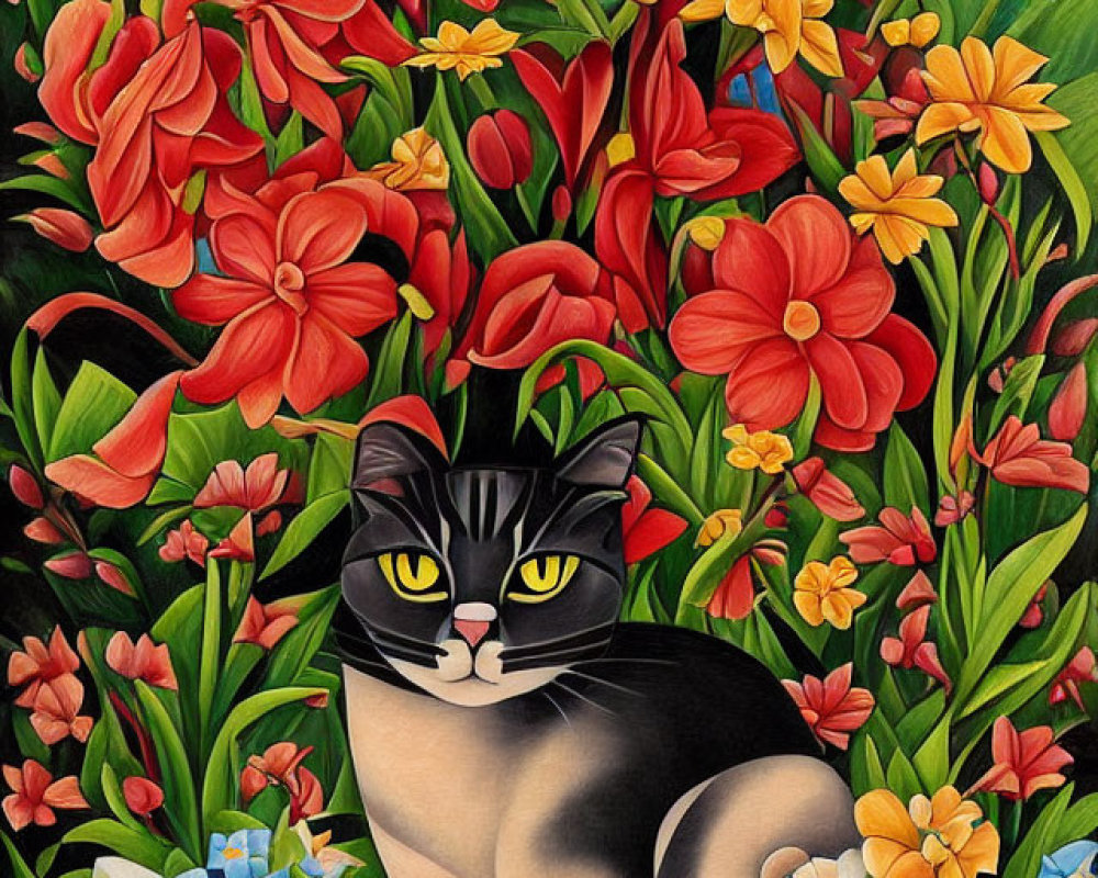 Colorful illustration of a cat in vibrant garden with flowers
