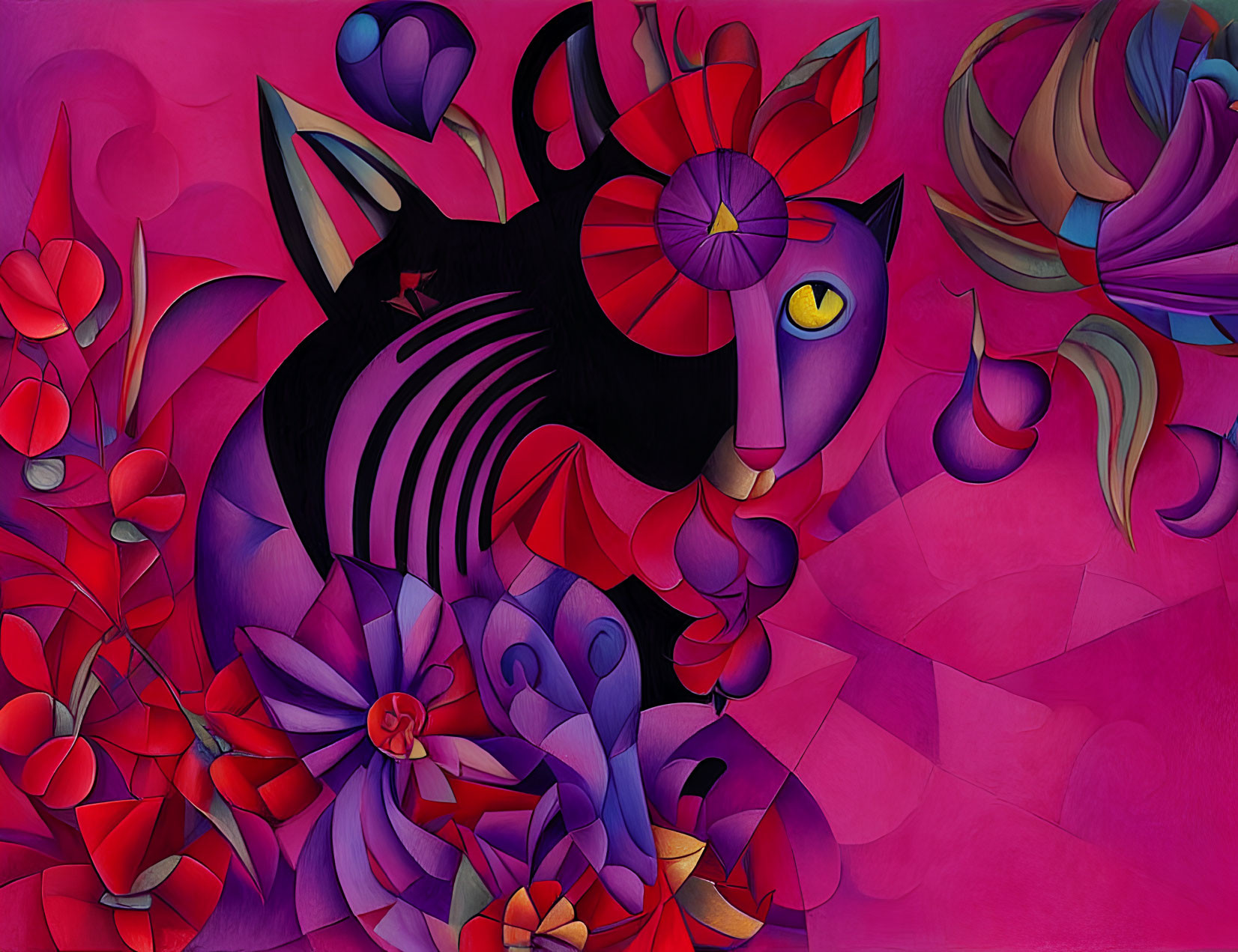 Abstract Stylized Cat with Colorful Floral Patterns on Red Background