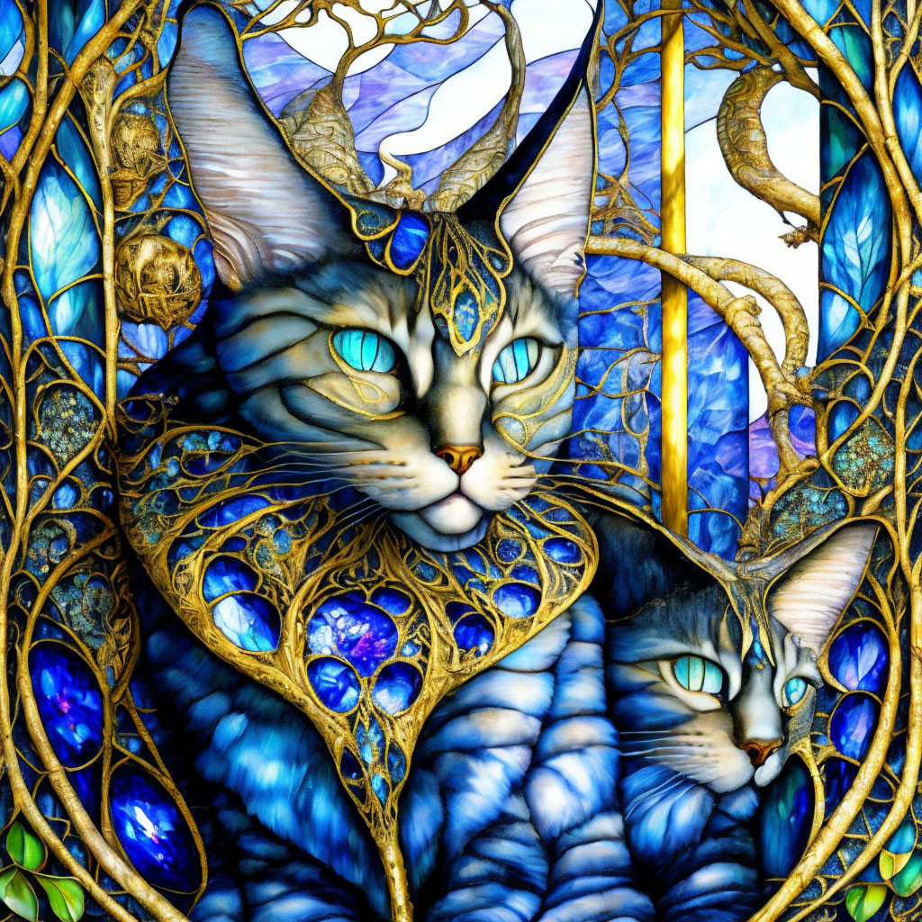 Stylized cat illustration with intricate patterns and vibrant blue tones against Art Nouveau backdrop