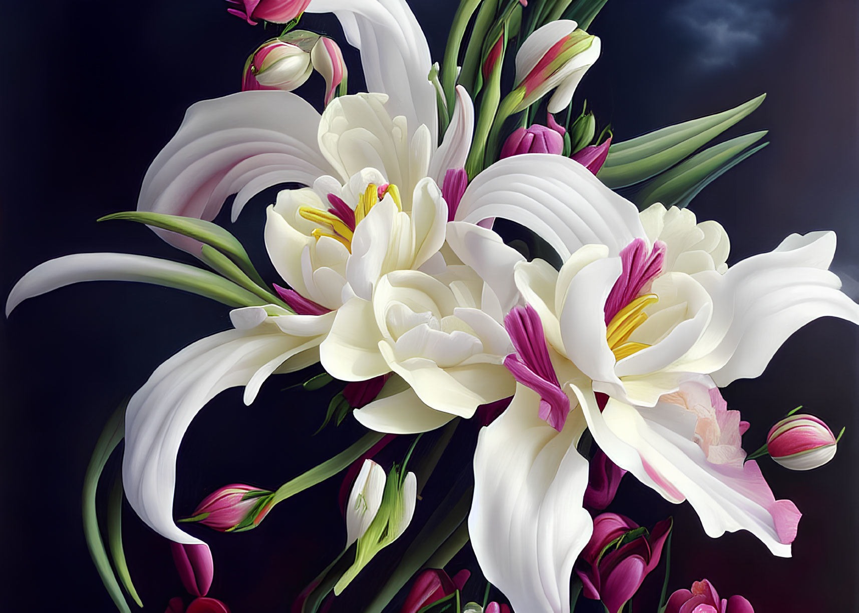 White Lilies with Pink and Purple Buds on Dark Cloudy Background