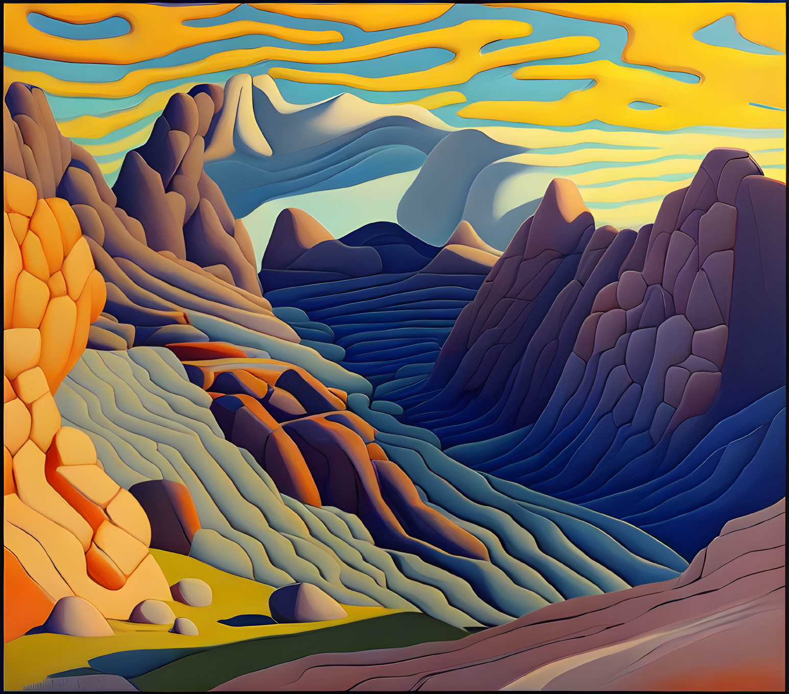 Vibrant landscape with rolling hills and colorful mountains under a yellow sky