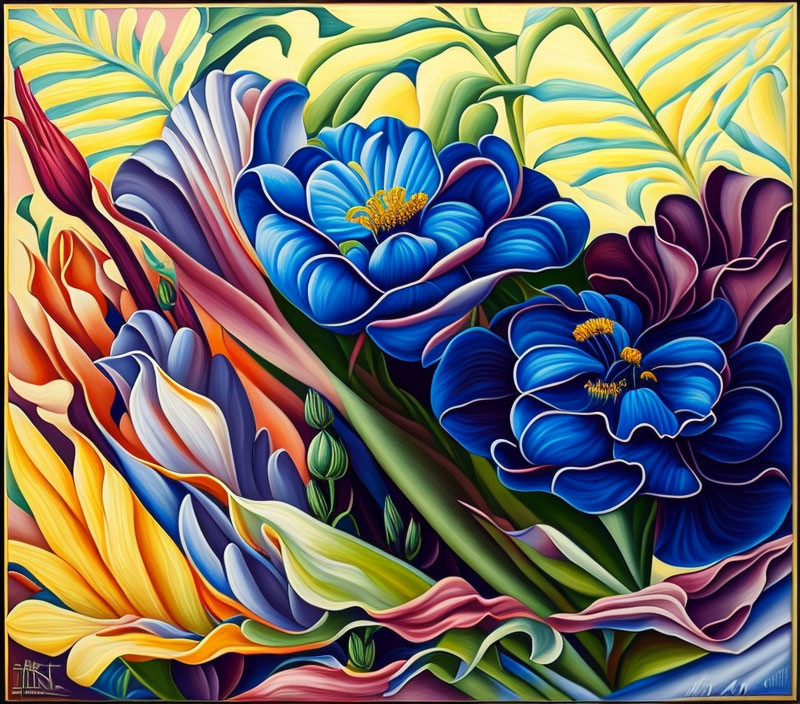 Vibrant blue flowers in stylized, colorful painting