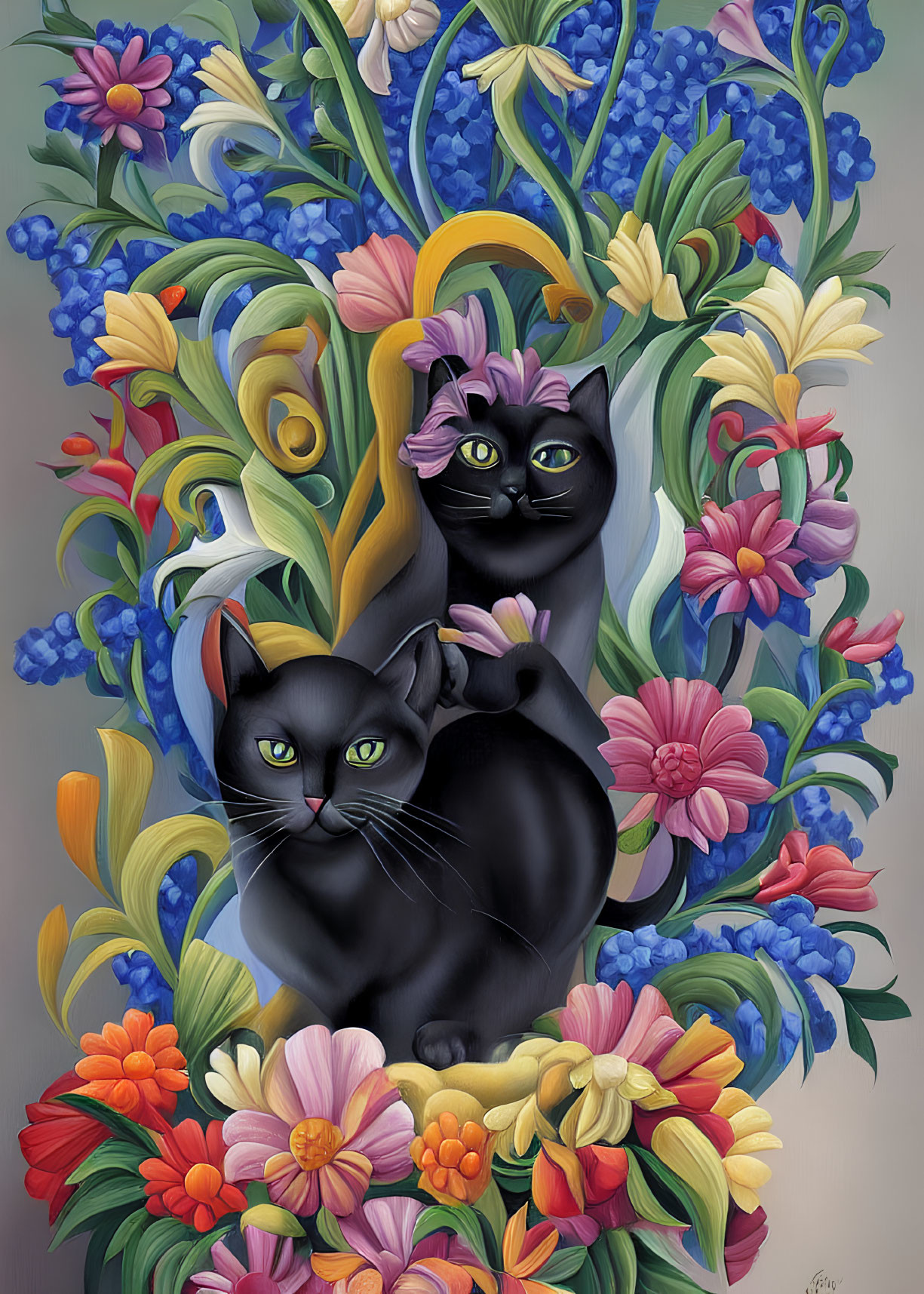 Stylized black cats with colorful flowers on grey background