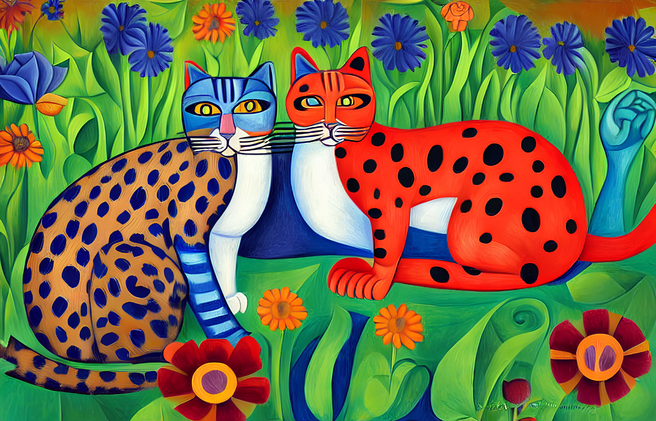 Stylized spotted and striped cats in colorful garden with vibrant flowers