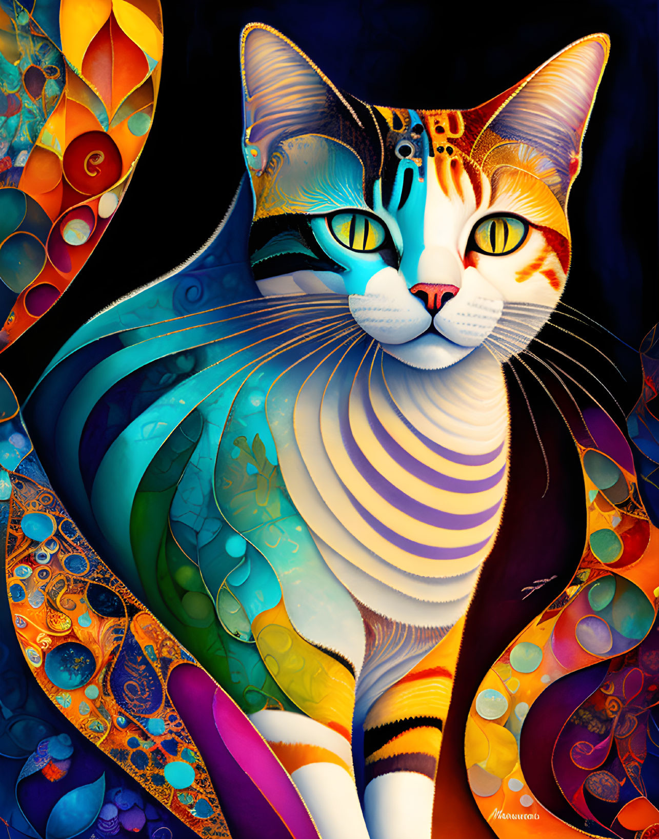 Vibrant Cat Painting with Colorful Patterns