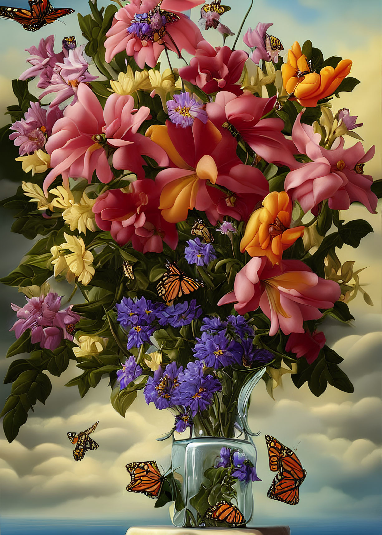 Colorful bouquet with pink, yellow, and blue flowers in glass vase with orange butterflies on cloudy sky
